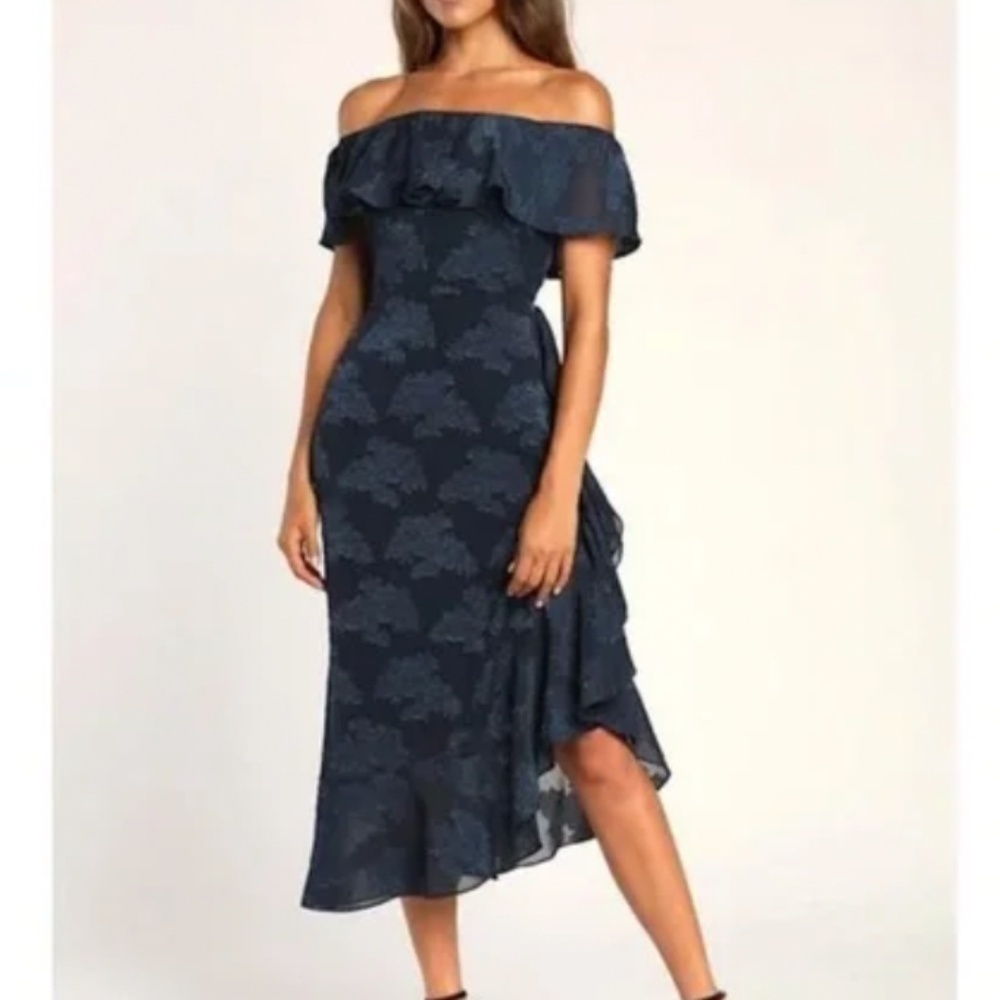 Lulus Pretty Perfect Navy Floral Burnout Off-The-Shoulder Midi Dress Medium NWT
